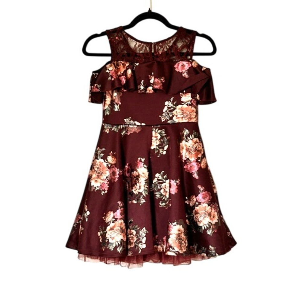 Girls 12 Burgundy Floral Dress Lace Ruffle Fancy Party Twirl Princess Fairytale